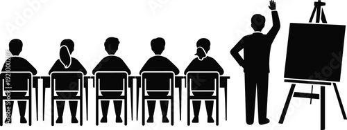 Silhouette of a teacher standing by an easel and whiteboard, conducting a workshop or training session for a group of diverse adult students