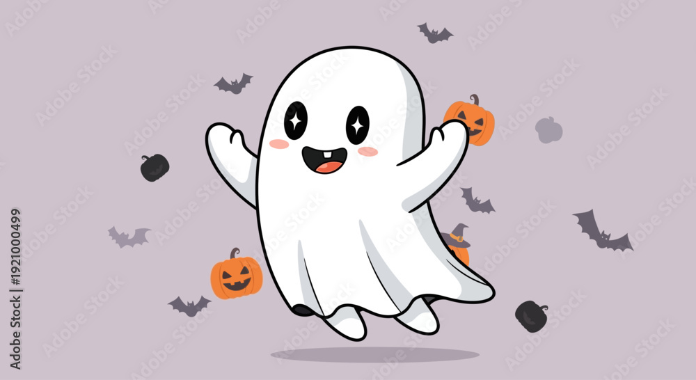 Fototapeta premium Cute cartoon ghost floating happily with pumpkins and bats, Halloween celebration
