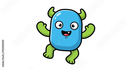 Cute blue cartoon monster with green arms and legs, big eyes, and horns, dancing happily