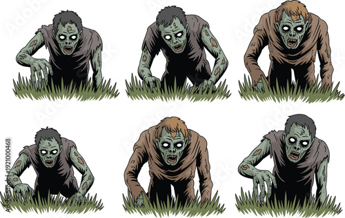 Creepy zombie characters crawling from grass horror illustration set isolated on white background for Halloween design concept