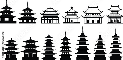 Traditional Japanese and Chinese Pagoda Silhouette Set, Asian Temple Architecture Icons, Oriental Building Vector Collection, Zen Buddhist Tower Illustration for Travel Design