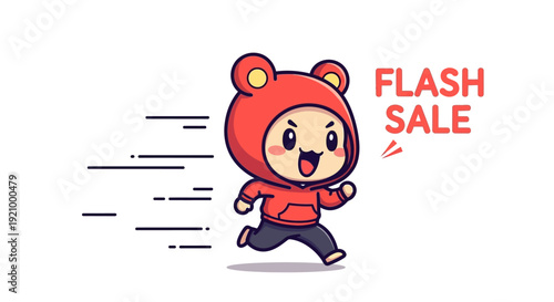 Cute cartoon character in red hoodie running fast with "Flash Sale" text, conveying speed and discount.