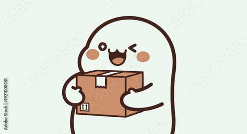 Cute cartoon character holding a package, happy delivery, surprise gift, kawaii character