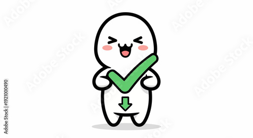 Cute cartoon character with a green checkmark and download arrow, expressing joy and success.