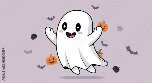 Cute cartoon ghost floating happily with pumpkins and bats, Halloween celebration