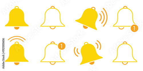Notification bell icon set. Incoming inbox message. Ringing bell, reminder or subscriber sign for apps, smartphone, alarm alert. Vector Illustration. EPS 10.