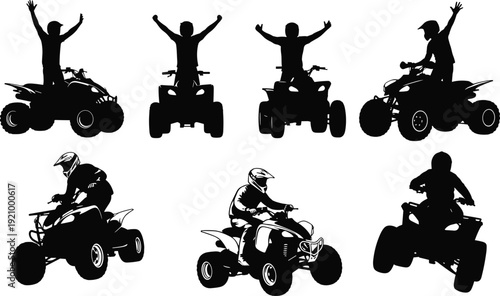 ATV quad bike rider silhouette set, off road adventure motor sport action, extreme four wheeler isolated vector illustration