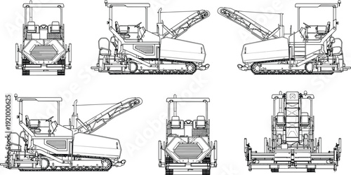 Asphalt paver machine technical drawing blueprint with front side rear top views, detailed construction equipment line art illustration