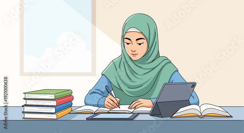 Woman Wearing Hijab Studying Books.