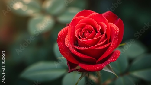 Beautiful close up of a single red rose in a garden