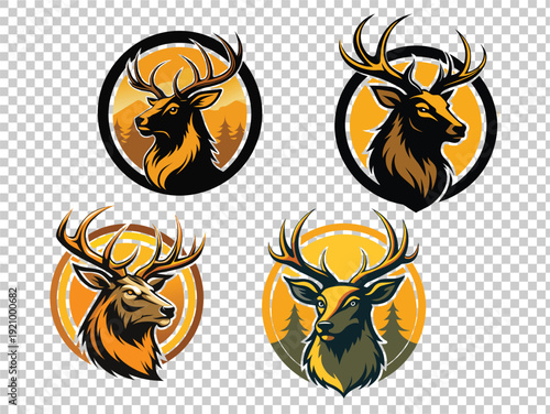 Set of four majestic stag head emblems with antlers, set against warm yellow and orange backgrounds