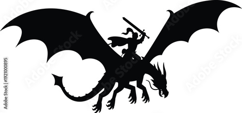Dragon silhouette with medieval knight riding and holding sword, fantasy mythical creature isolated on white background illustration