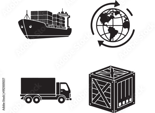 Logistics and Transportation Icons - Ship Truck Globe and Crate.