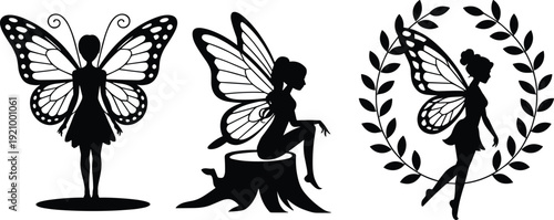 Fairy silhouette collection with butterfly wings and floral wreath, fantasy female characters vector illustration isolated on white background