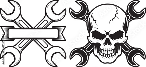 Two crossed wrench vector illustrations, one with a blank banner and the other with a menacing skull, in a bold black and white vintage tattoo style.