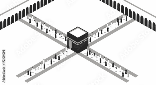 Islamic architecture illustration with central cube and minarets on white background