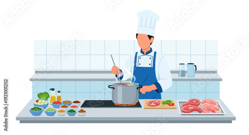 Chef cooking in kitchen environment with various food ingredients