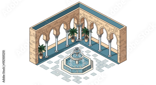 Isometric view of an arched courtyard with a fountain and potted plants