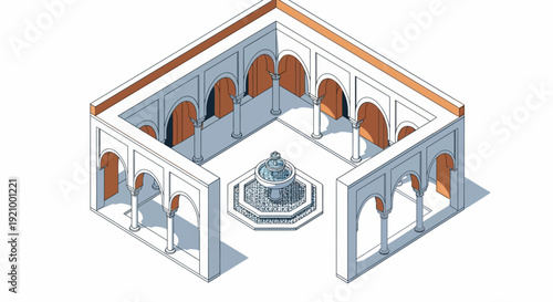 Isometric illustration of an architectural courtyard with fountain and arches