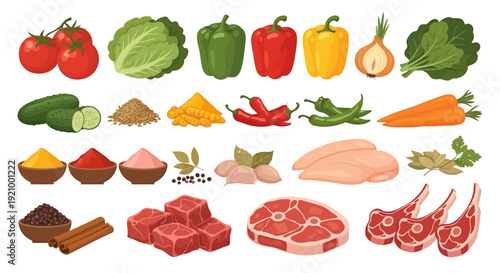 Fresh vegetables and meats collection illustration for culinary and dietary themes