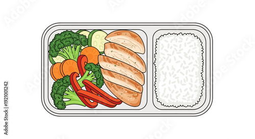 Healthy meal illustration chicken vegetables rice in a compartment tray