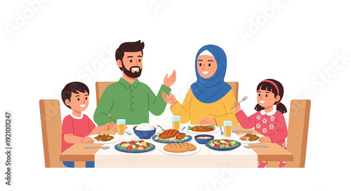 Family dining together at a table enjoying a meal vector illustration