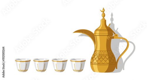 Golden coffee pot and cups illustration on white background