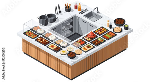 Isometric view of a kitchen counter with food display and cooking utensils