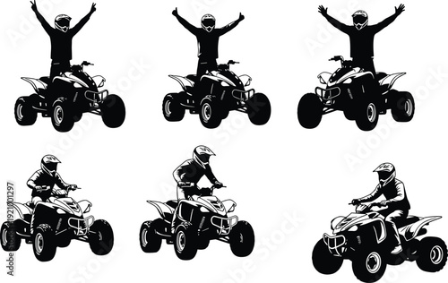 Black and white ATV rider silhouette collection, quad bike racing poses, off road adventure motorcyclist vector illustration set