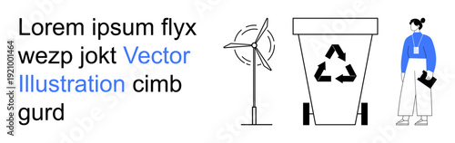 Sustainability, environmental awareness, renewable energy, recycling concepts, eco-friendly initiatives, waste management. Wind turbine, recycling bin woman holding clipboard. Sustainability