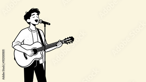 Male musician singing with guitar and microphone vector illustration