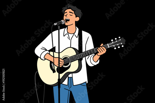 Male singer playing acoustic guitar on stage vector illustration