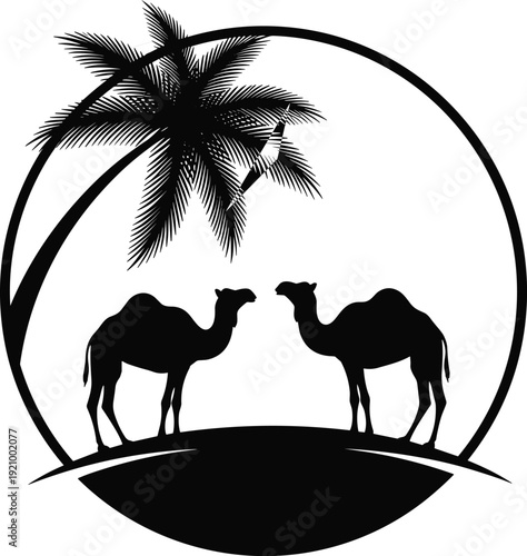 Camel silhouette in desert oasis with palm tree, Arabian landscape emblem black isolated vector illustration design