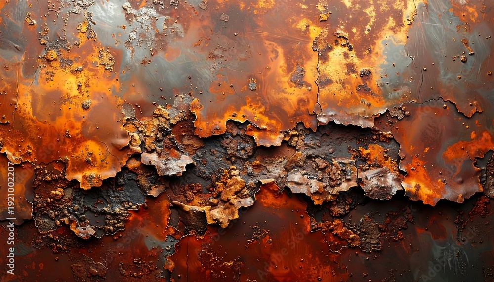 Fototapeta premium Close-up of intensely corroded metal showing orange-brown rust patterns and textures. Jagged edges and dark spots add depth