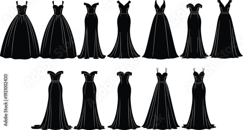 Elegant black evening gown silhouette collection, long formal dresses vector set, luxury fashion bridal and party wear illustration