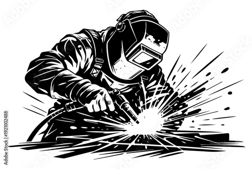 Welder intensely focuses on joining metal with sparks flying around him