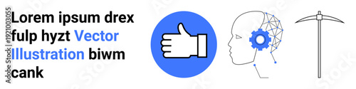 Artificial intelligence, data mining, decision-making, digital communication, technology integration, concept visualization. Thumbs up symbol, neural network head and pickaxe icon. Artificial