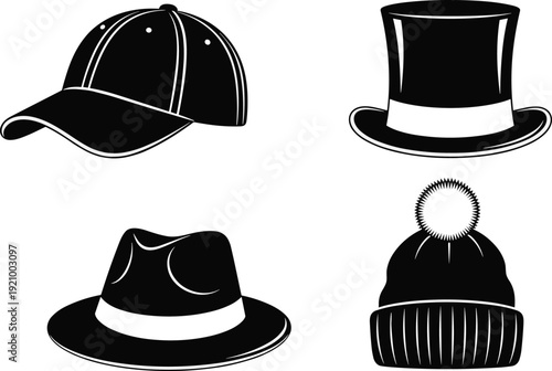 Hat silhouette collection, baseball cap top hat fedora and winter beanie black and white vector illustration set