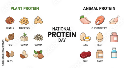 Infographic illustration for National Protein Day 2026 comparing plant-based protein sources like lentils and quinoa with animal protein sources like chicken and eggs on a white background.