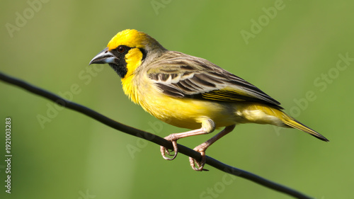 A close-up photograph of a Baya Weaver bird perched on a black wire against a blurred green background.