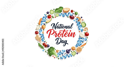 Vector illustration of National Protein Day logo with various food icons and text on a white background, promoting healthy diet and nutrition with a focus on protein intake and balance.