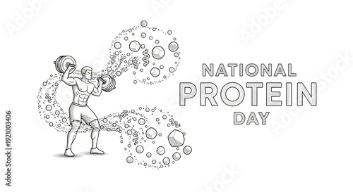 Illustration of a muscular man drinking protein shake with swirling molecules, celebrating National Protein Day with a dynamic line art style on a clean white background.