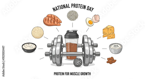 Illustration for National Protein Day 2026 highlighting protein sources for muscle growth and nutrition.