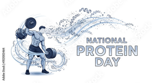 Vector illustration of a muscular man lifting dumbbells on National Protein Day with dynamic water splash effects, promoting muscle growth and healthy diet.