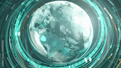 Futuristic digital planet Earth surrounded by glowing green data rings in cinematic high resolution style