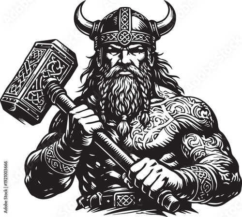 Fierce Viking warrior with horned helmet and elaborate beard wields mighty hammer, radiating strength and power