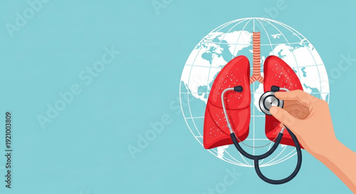  World Tuberculosis Day Promoting global respiratory health awareness with a conceptual illustration of human lungs being carefully examined by a medical stethoscope against a world map background
