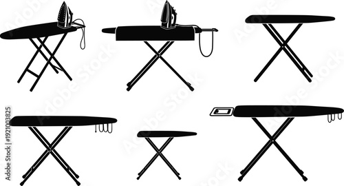 Ironing board silhouette set with electric steam iron, foldable household equipment collection isolated on white background illustration designvvvvIroning board silhouette set with 
