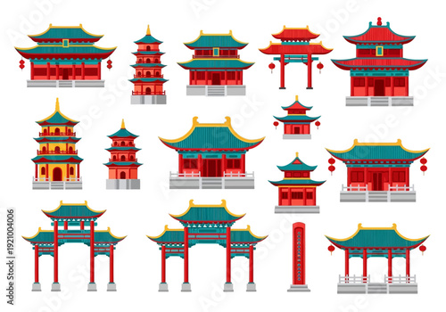 Chinese Traditional Temple and Pagoda Vector Illustration Set