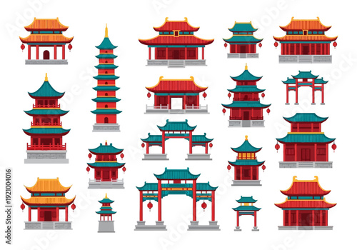 Chinese Traditional Temple and Pagoda Vector Illustration Set